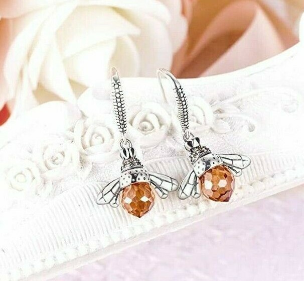 US Seller Betsey Johnson Silver Amber Crystal Bee Dangle Earrings Acrylic