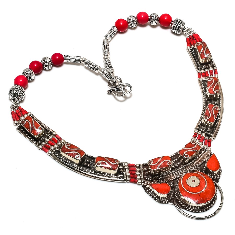 Red Coral Gemstone Necklace Tibetan Handmade Beaded Nepali Jewelry 18″ NN 6667