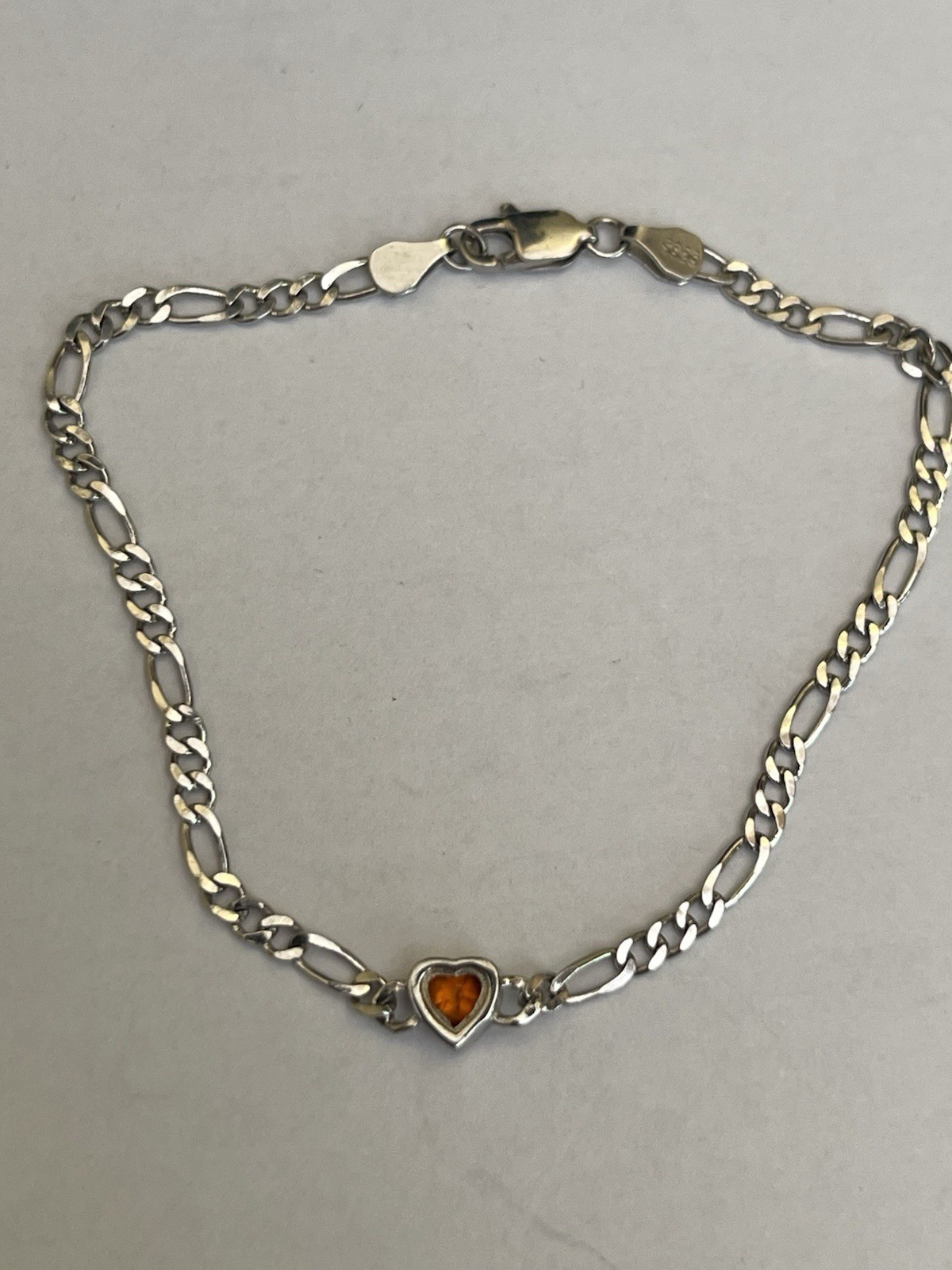 Ladies Or Girls Amber Set Sterling Silver Heart Bracelet-16cm Length