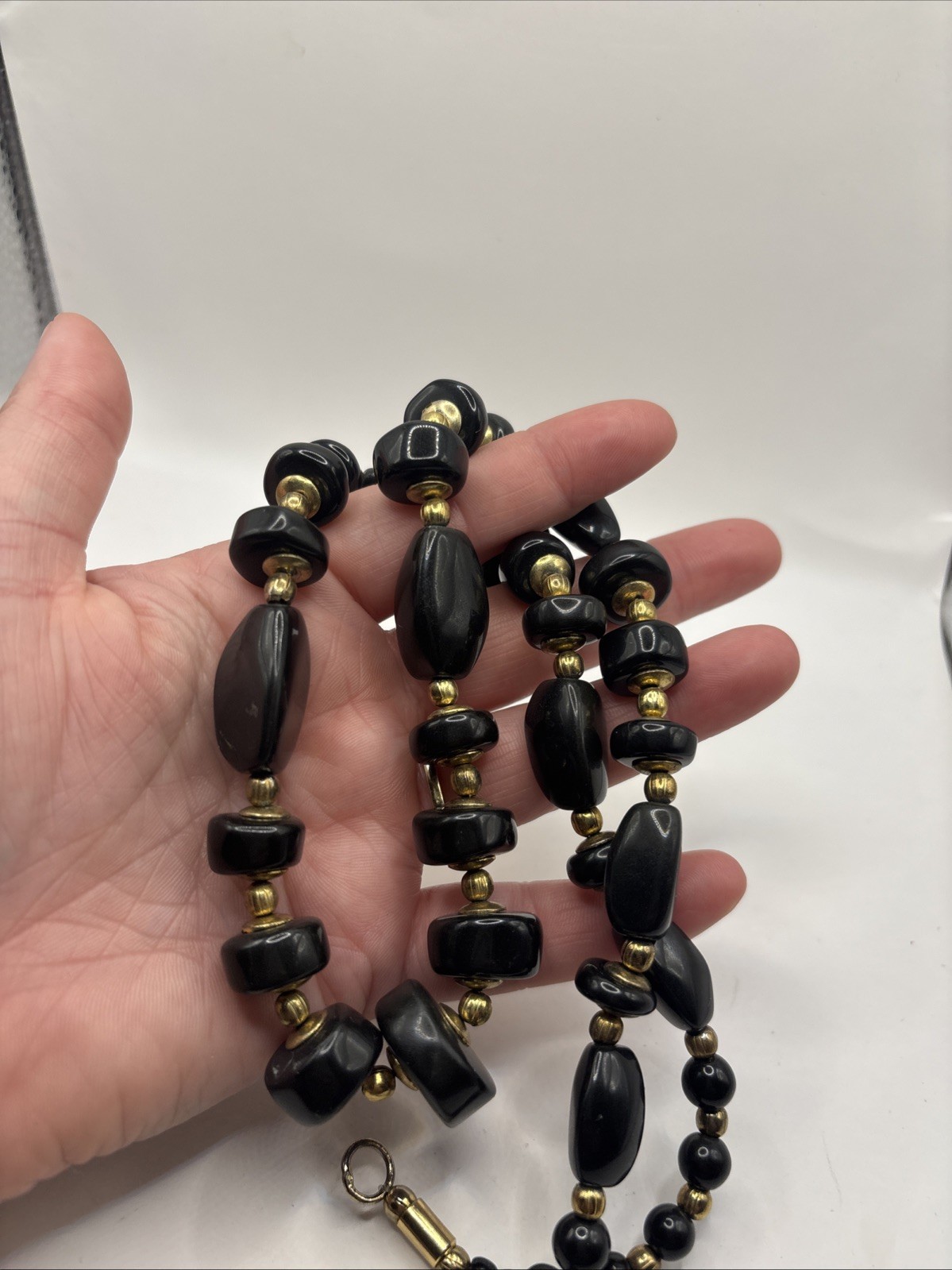 Vintage Black And Gold Toned Beaded Necklace Hook Clasp
