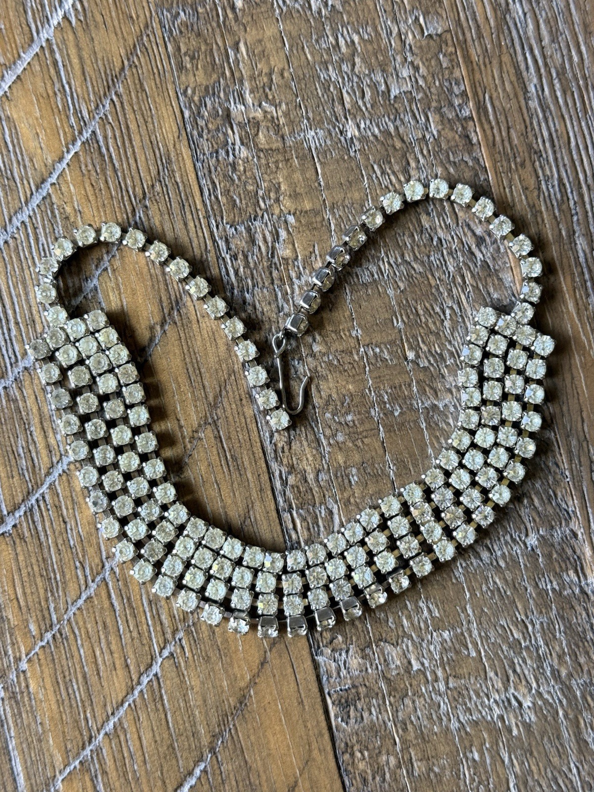 Vintage 1950’s Four Row Rhinestone Choker Style Necklace Silver Tone 15” Inch