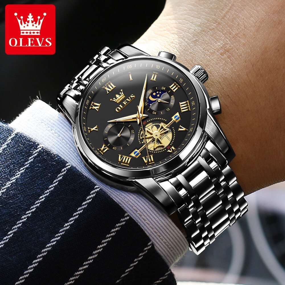 OLEVS Quartz Men’s Watch, Stainless Steel, Chronograph, Waterproof, Moon Phases