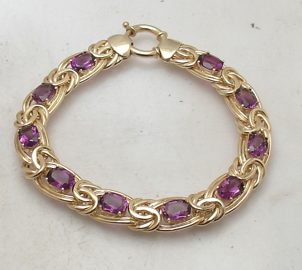 Amethyst Gemstone Byzantine Bracelet 14K Yellow Gold Plated Sterling Silver