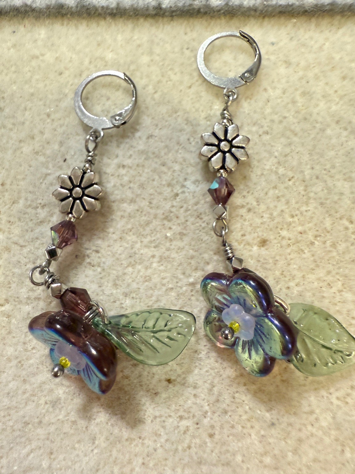 Czech Glass Dangle Earrings 2.5″ Drop Iridescent Bohemian Stainless Steel
