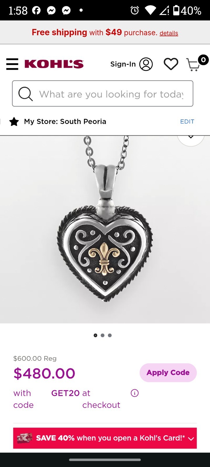 Heart Charm Pendant Necklace Silver Tone Fleur-de-Lis Theme No Stone