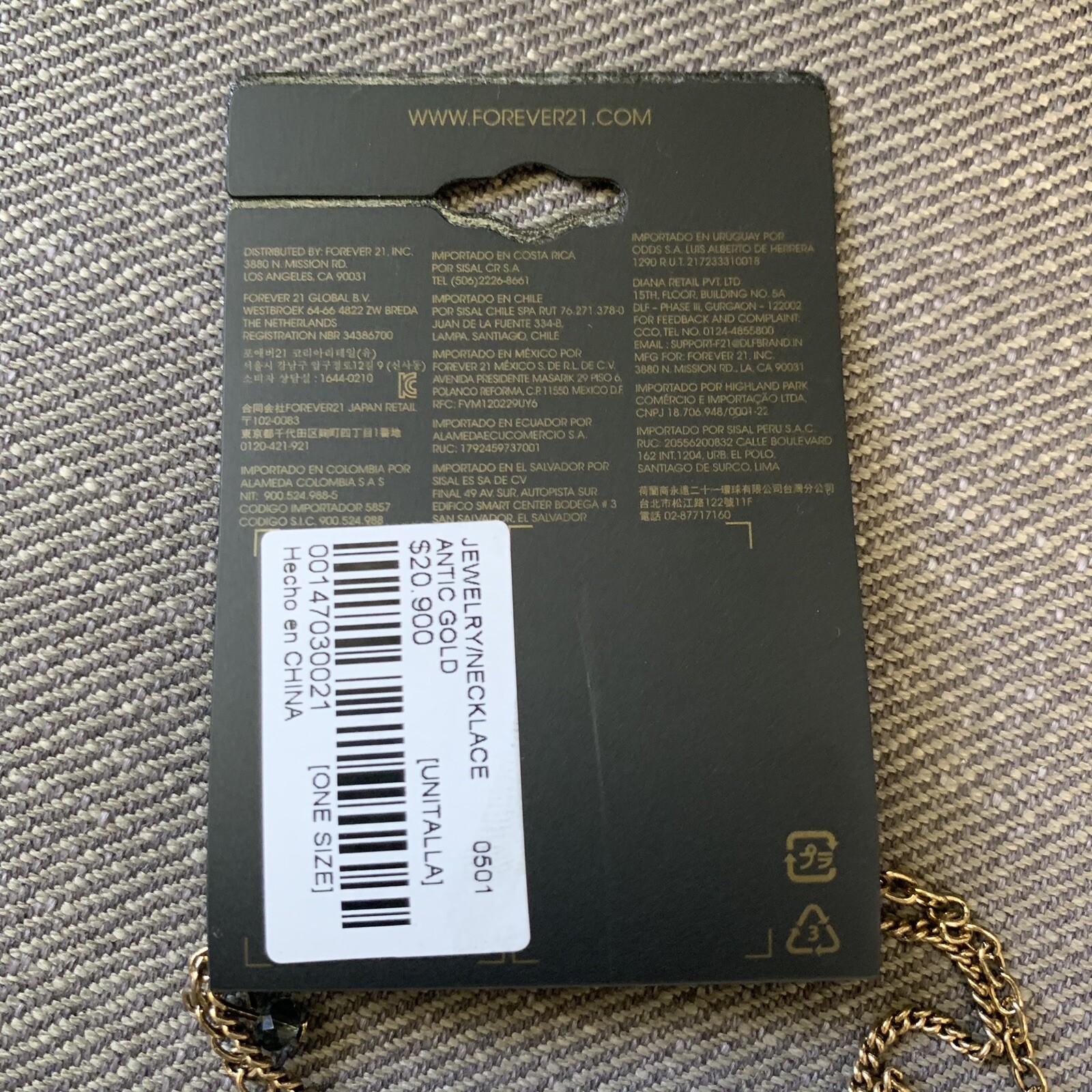 FOREVER 21 Chain Necklace Blue Stone Pendant Antique Gold Tone Tassel Etched 18″