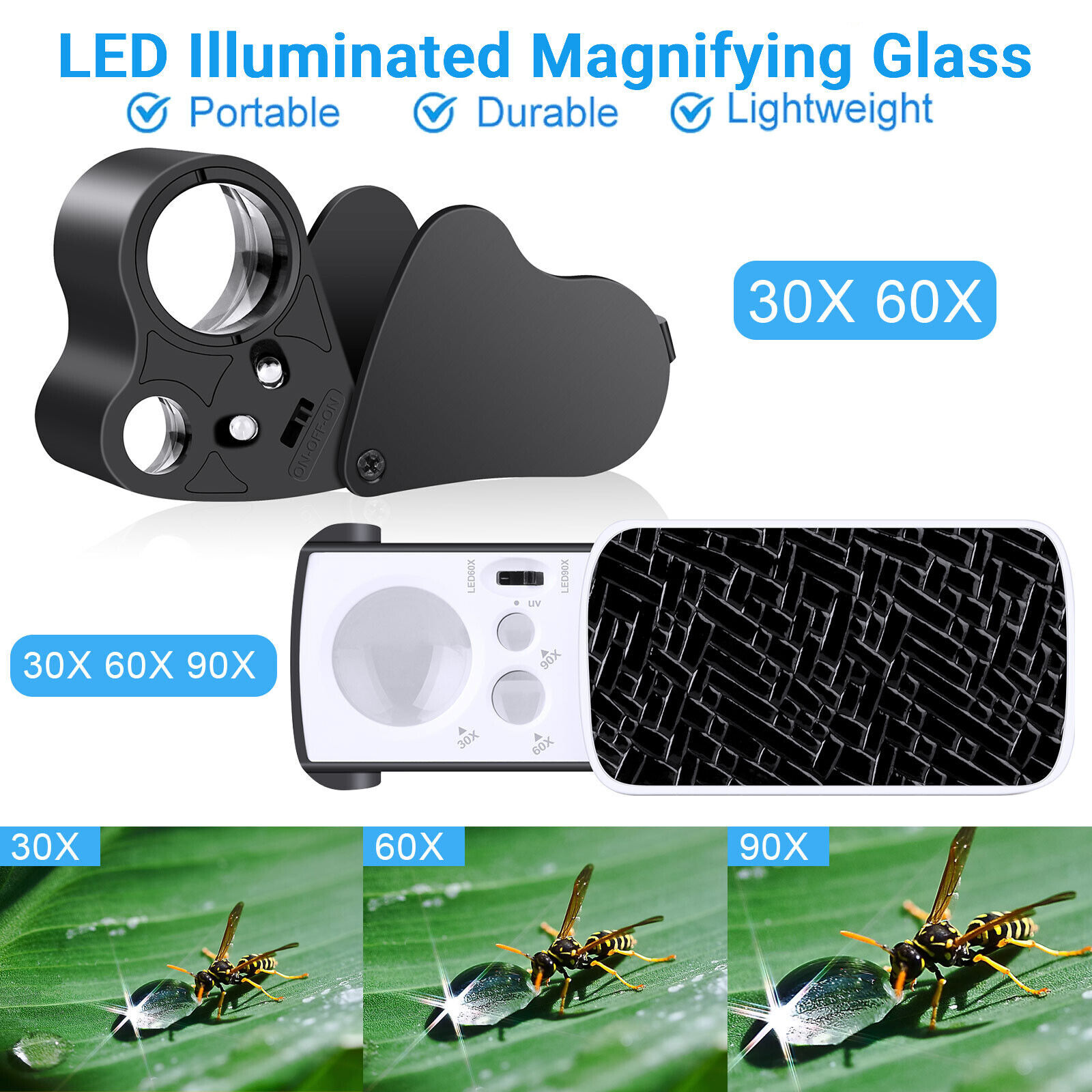 30X 60X 90X Magnifying Jewelry Eye Glass Pocket Magnifier LED Light Jeweler Loop