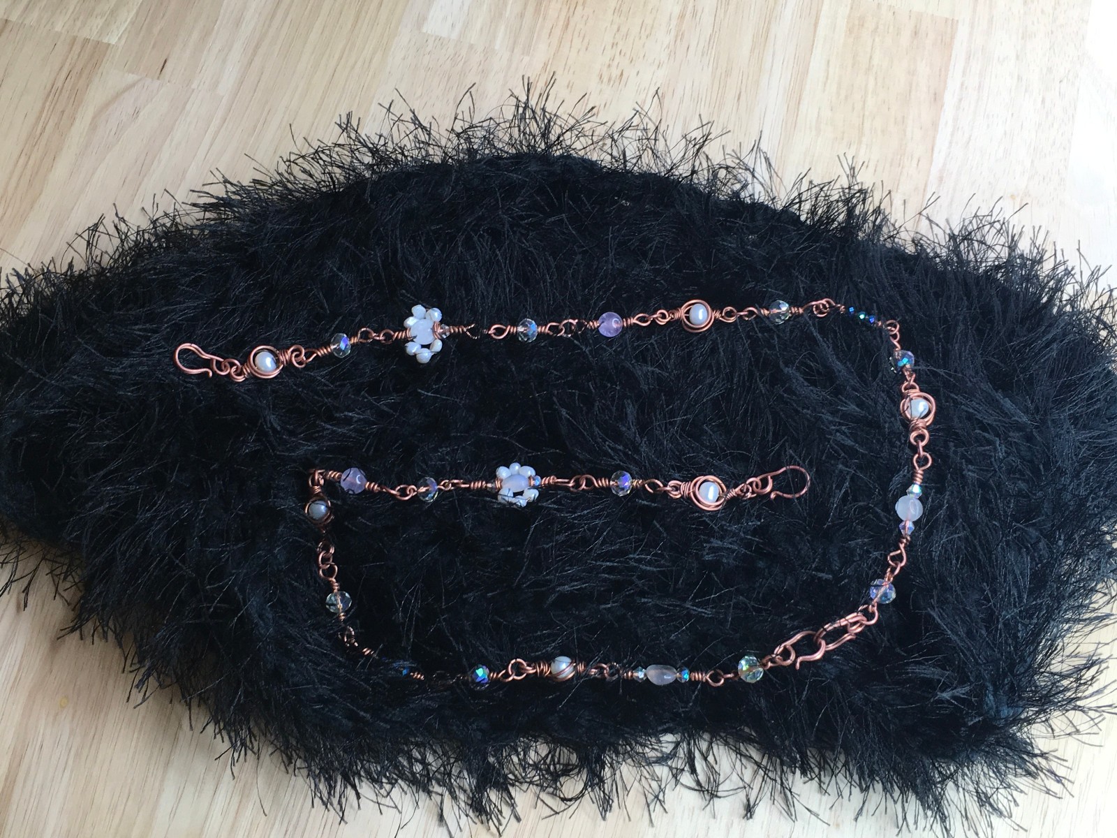 Artisan Long Necklace Pearls Moonstone Amethyst Beads, 4 Hook Wire Wrap Handmade