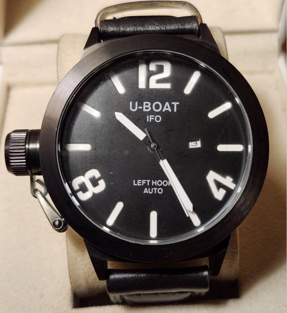 U-BOAT IFO Left Hook Auto Italo Fontana 316L Black Leather Round Men Watch 52mm