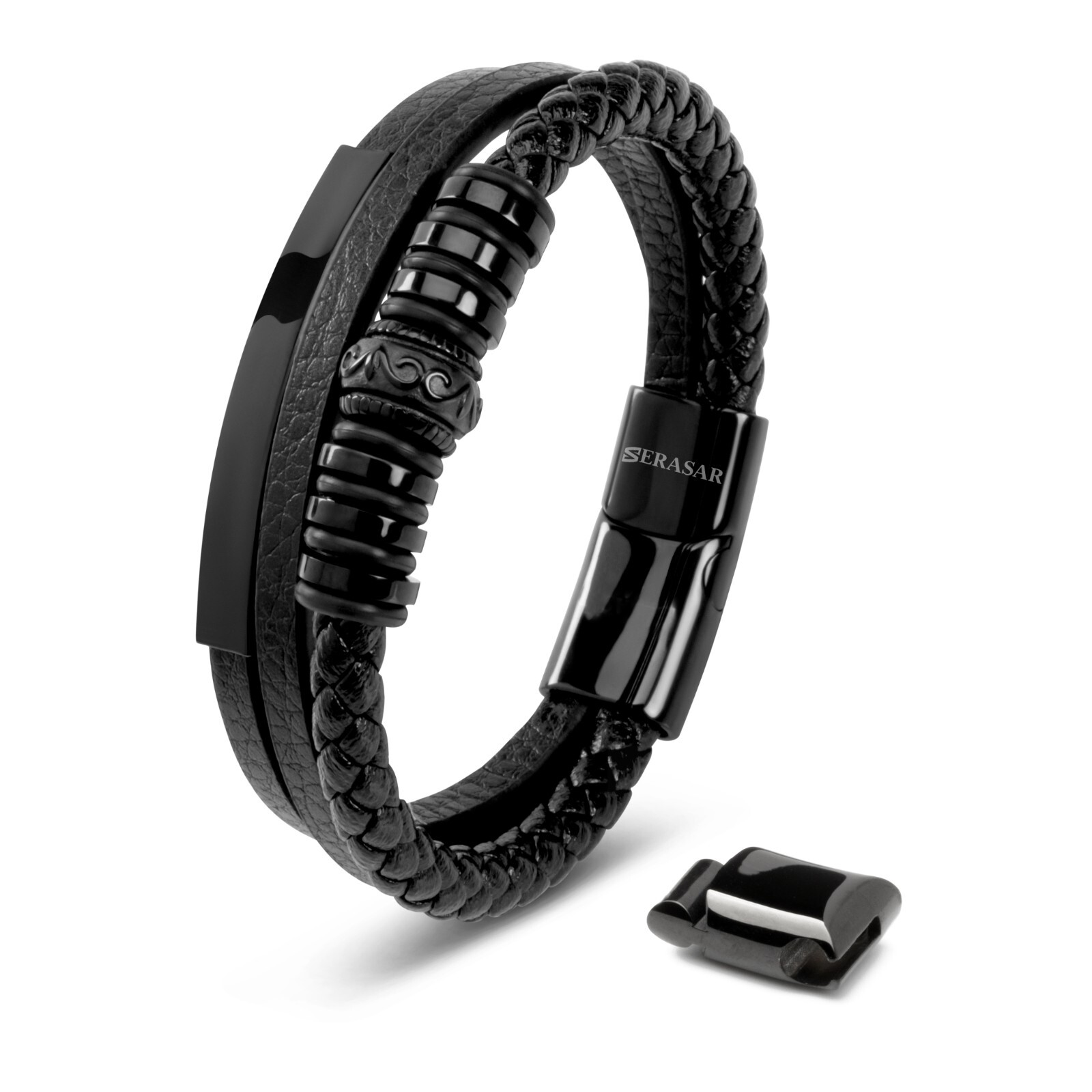 SERASAR | Men’s Original Leather Bracelet [Shine] – Black, Silver & Gold Colors