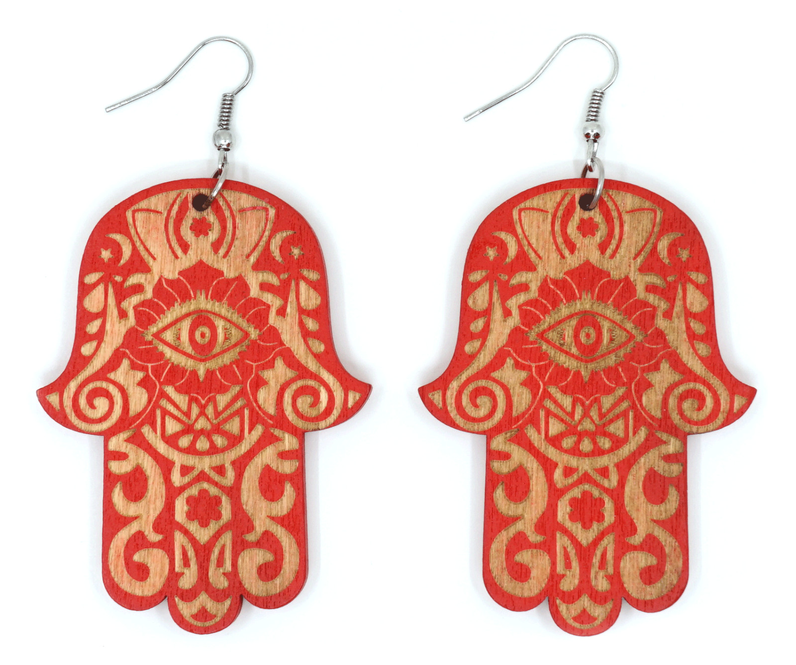 TB Hamsa Hand of Fatima Evil Eye Colorful Wood Natural Dangle Fashion Earrings