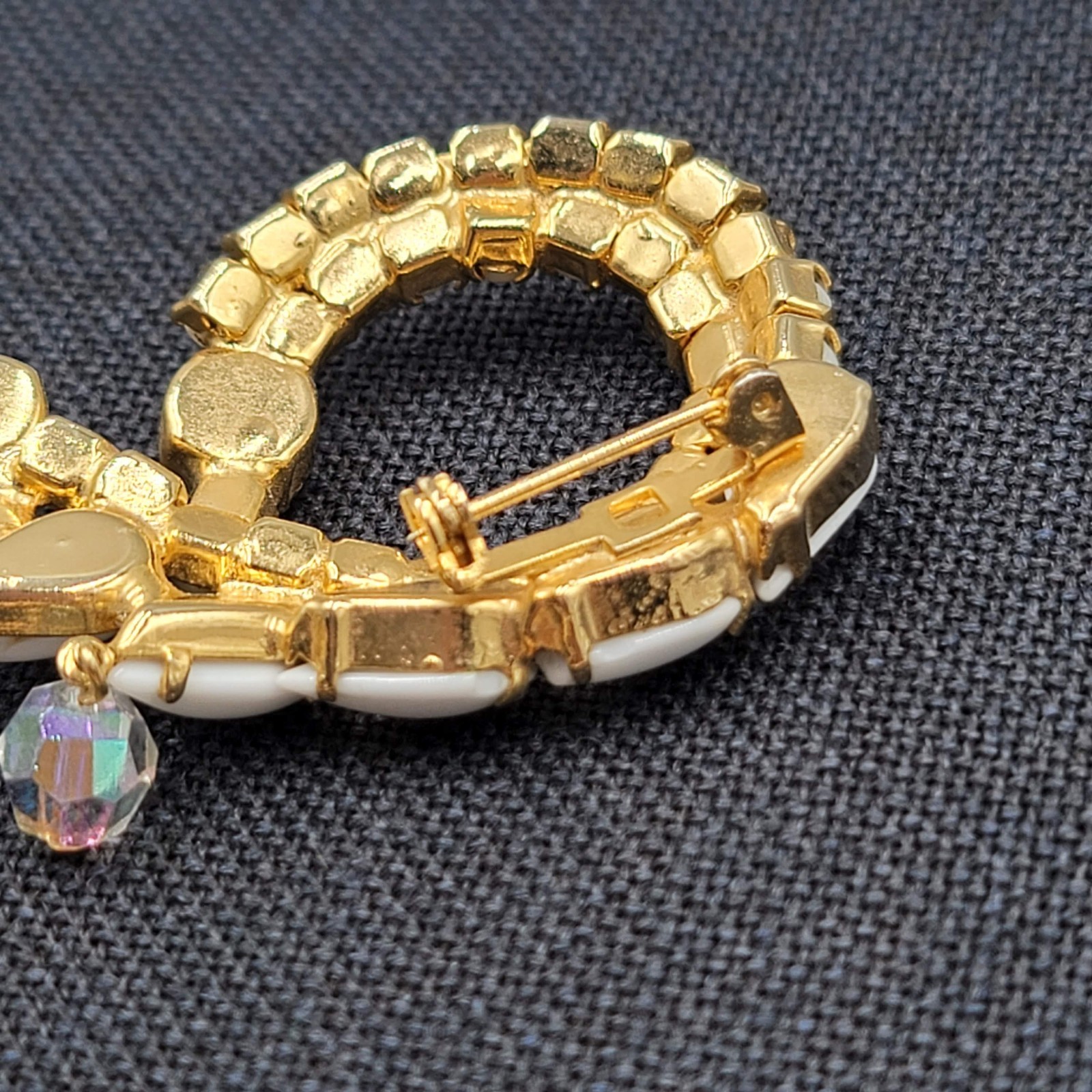 Vintage White Acrylic Rhinestone Brooch Gold tone Prong Set AB Beads 2.5″