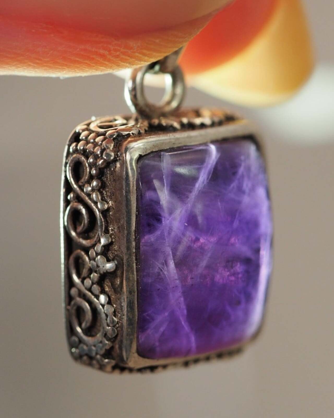 Sterling Silver Rectangular Amethyst Openwork Pendant