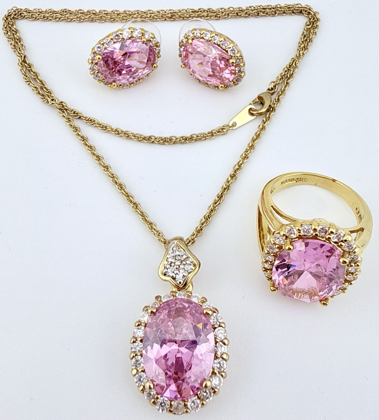 CAMROSE & KROSS JBK GOLDTONE LAB KUNZITE OVAL EARRINGS NECKLACE & RING K201E
