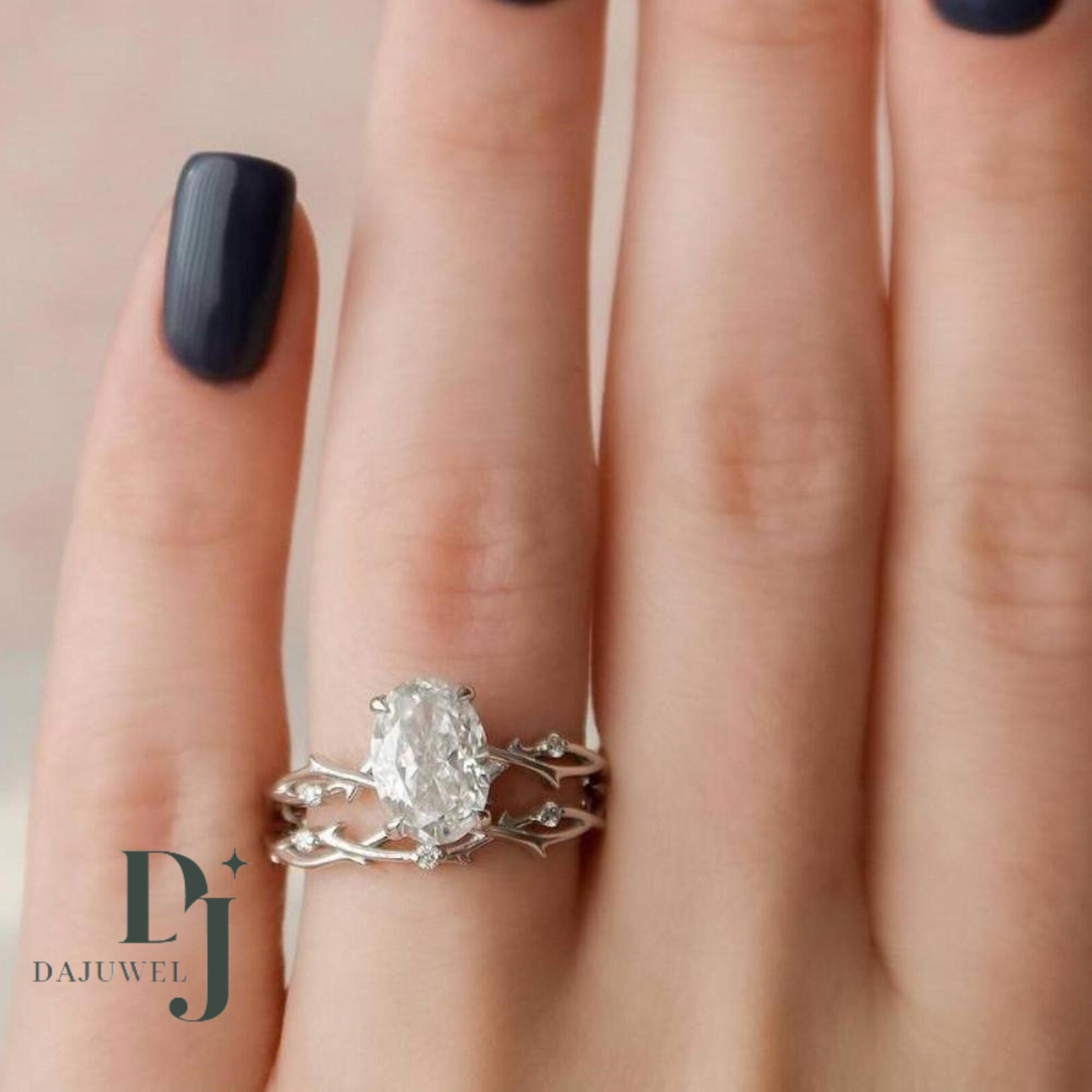 Moissanite Bridal Set Engagement Ring Solid 14K White Gold 2.50 Carat Oval Cut