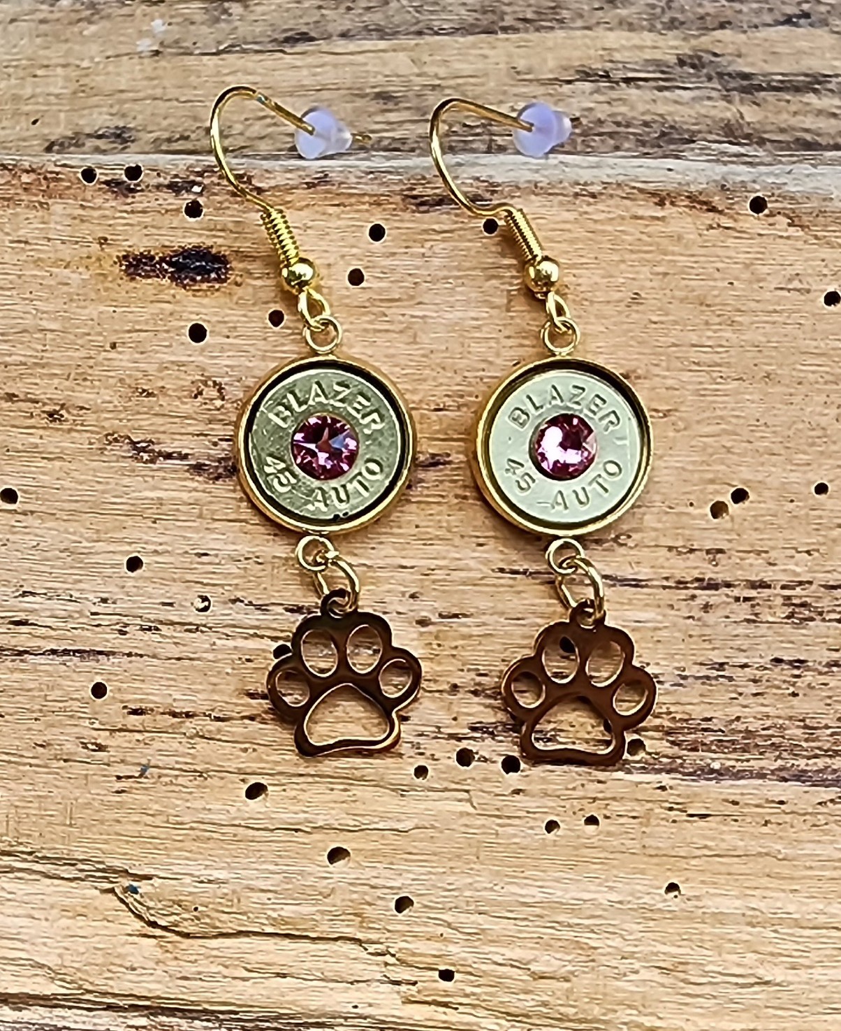 Gold Stainless Steel Dangle Bullet Earrings with Paw Charms. Optional Color