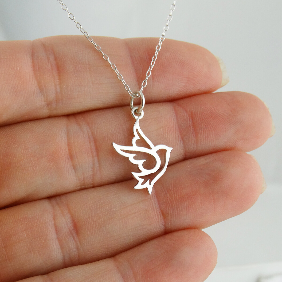 Dove Outline Charm Necklace – 925 Sterling Silver – Bird Peace Christian Faith