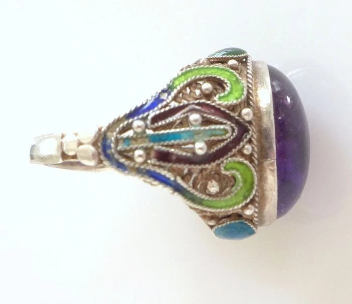 Vintage Chinese Silver Filigree Enamel Amethyst Bracelet Ring Set Jewelry