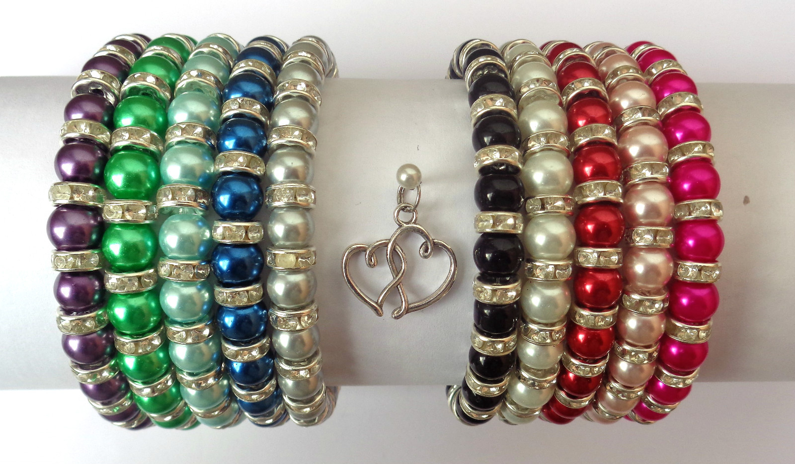 Glass Pearl Diamante Elastic Bracelet with Double Tibetan Heart Charm 10 COLOURS