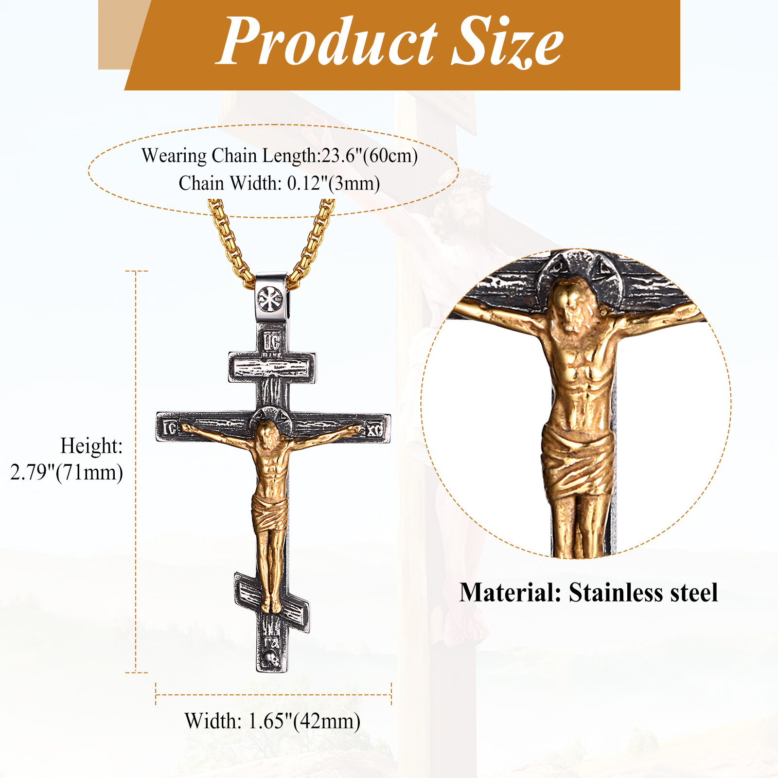 Men’s Eastern Orthodox Cross Necklace Stainless Steel Religious Jesus Pendant