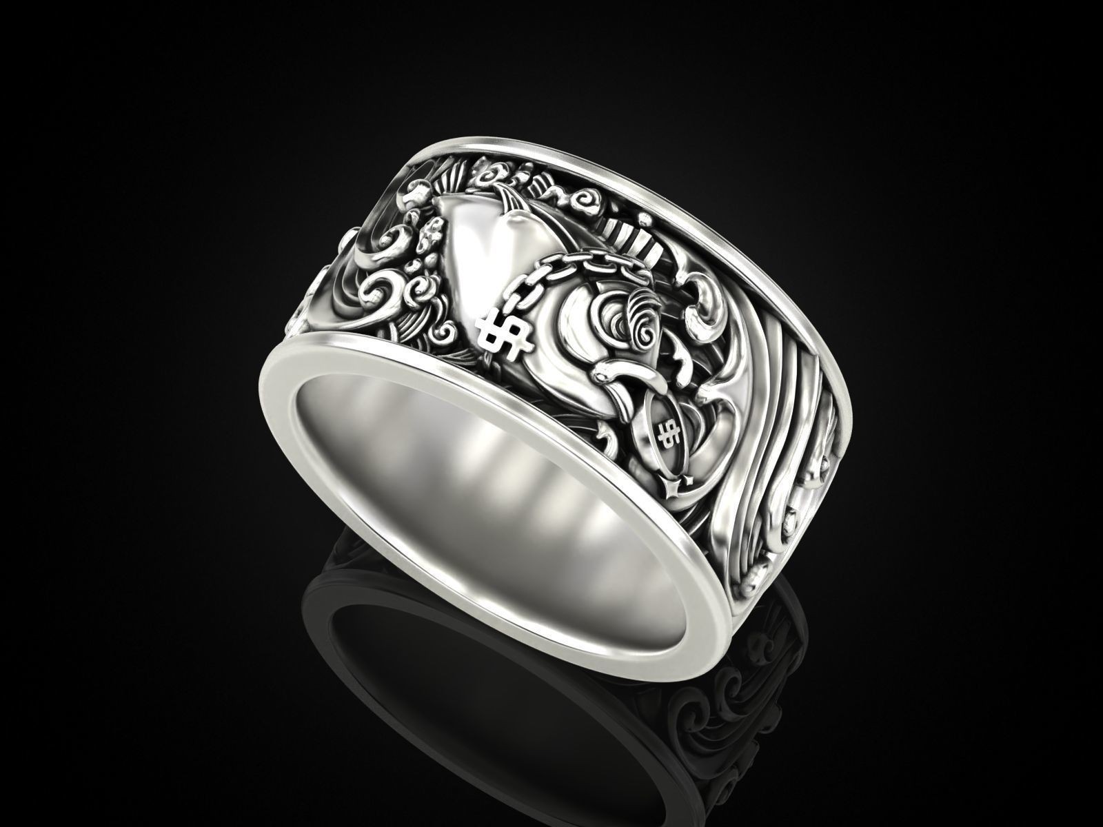 Oxidized Mens Money Grabbing Fish Gothic Punk 925Sterling Silver Statement Rings