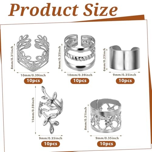 50 PCS Silver Hair Jewelry for Braids Accessories, 5 Styles Hair Cuffs for