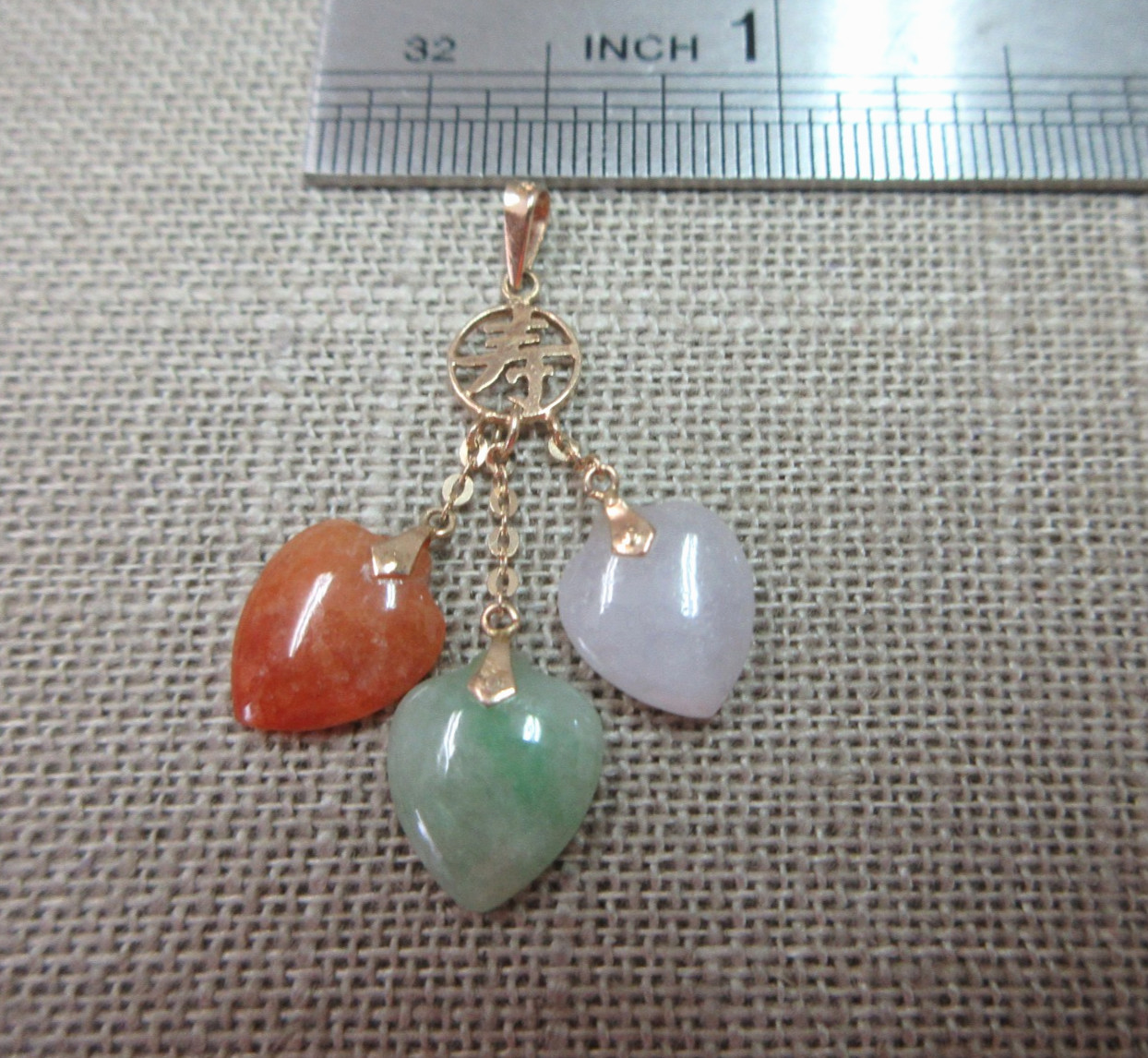 14k Solid Y. Gold Green Brown Lavender Jadeite Jade 3 Heart Pendant Longevity