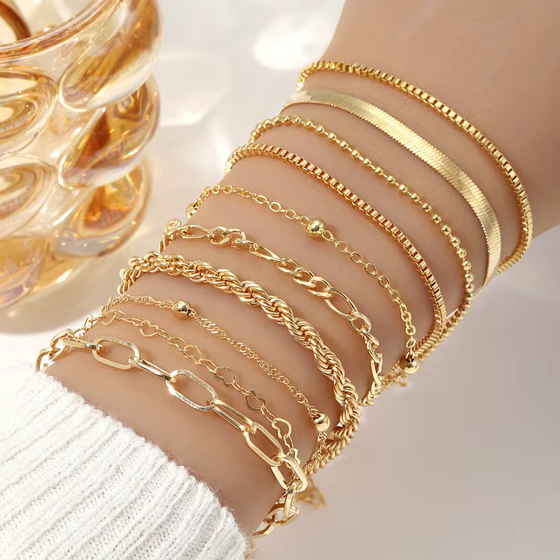 10 Bohemian Bracelet Set Gold Silver Color Stackable Bangles Retro Link Jewelry