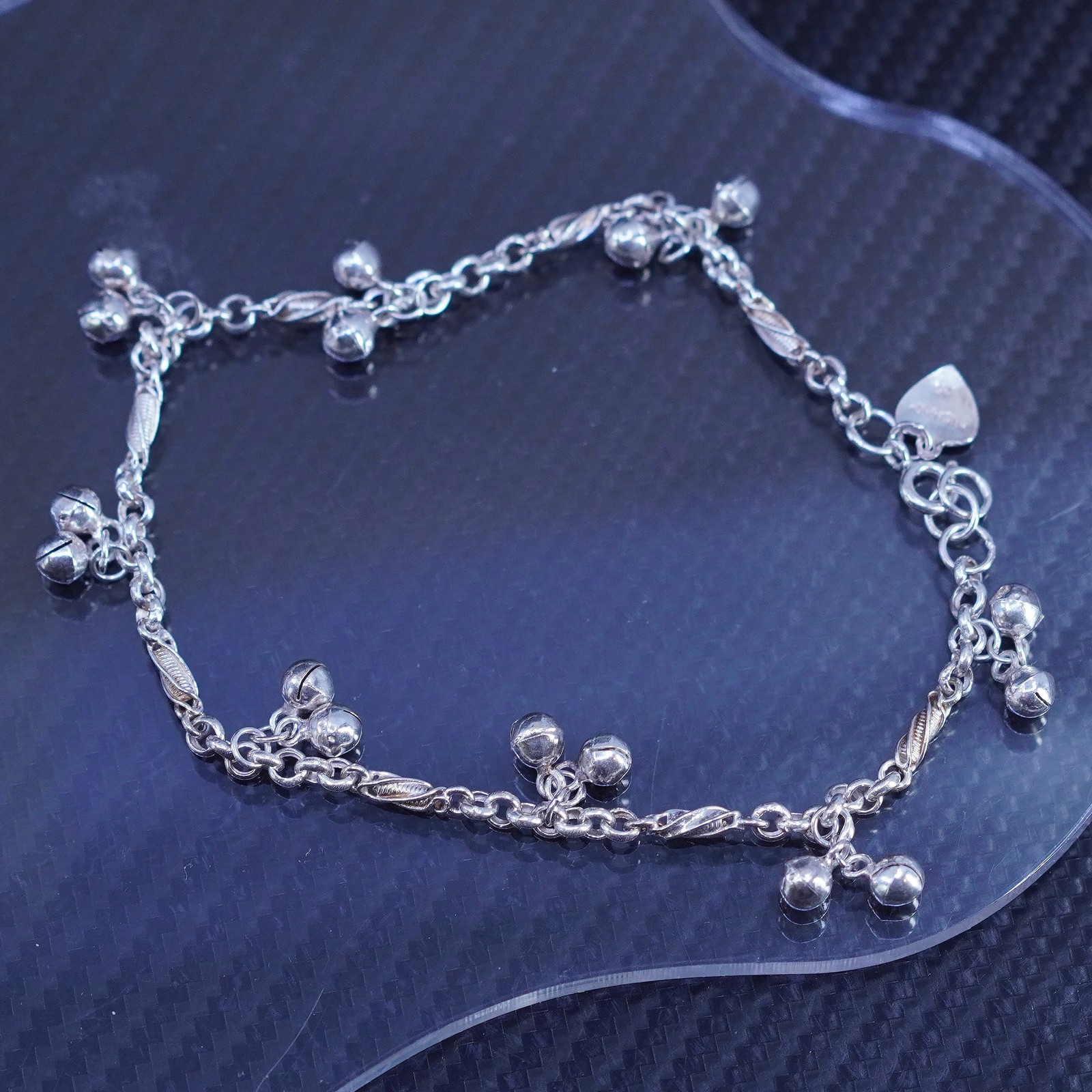 9” sterling silver 925 flatten chain belly dancer anklet with bell chime charms
