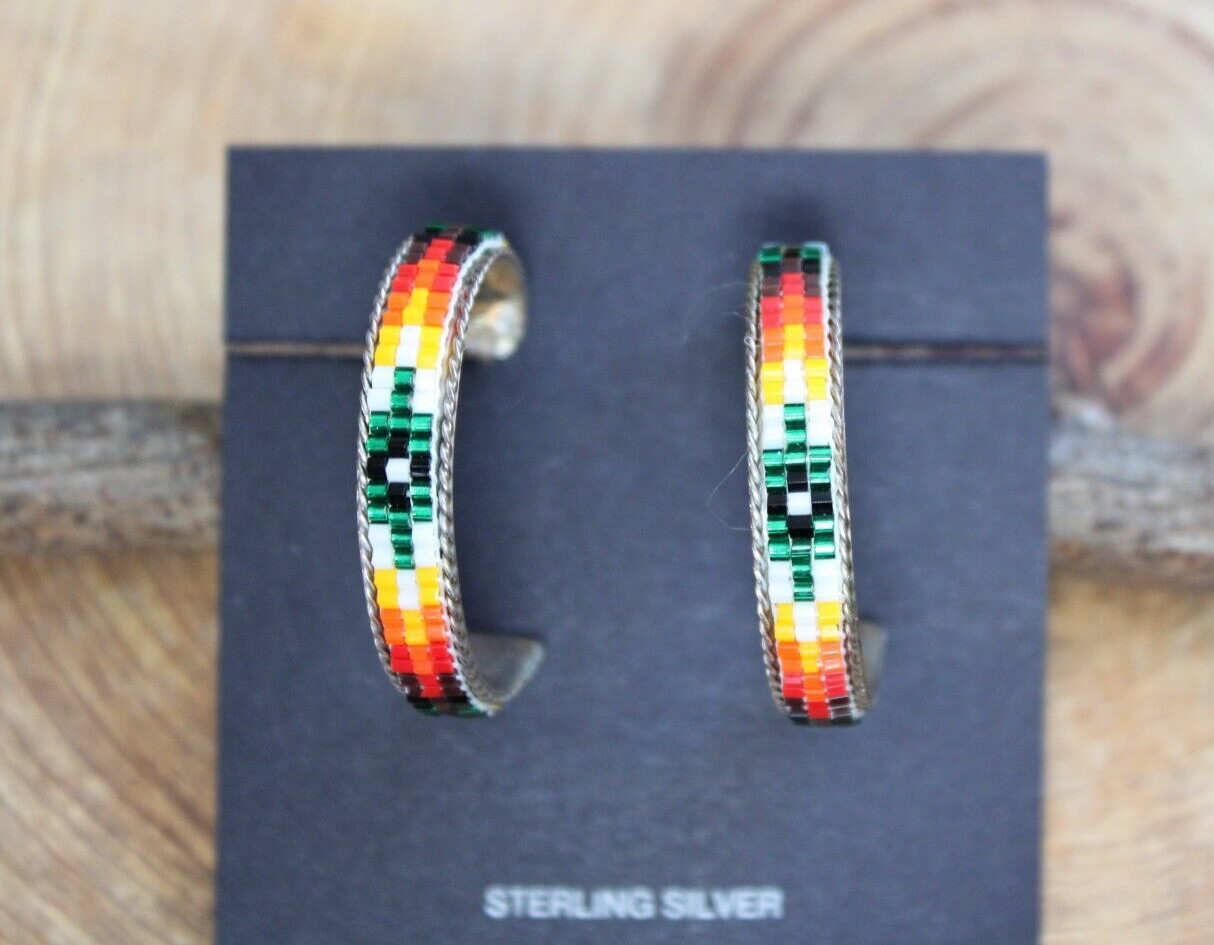 Sterling Silver, Green, Orange, Yellow Seed Beads HOOP Earrings by L Navajo