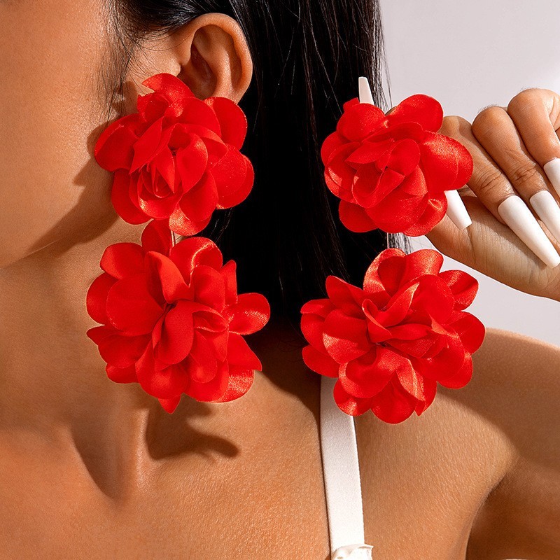 Red Flower Fabric Bold Dangling Earrings for Women – Elegant Statement Jewelry