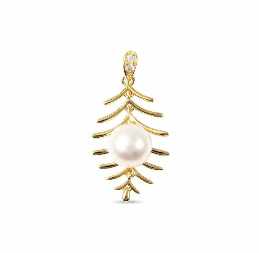 Wedding/Anytime White Edison Pearl Gold-Plated 925 Silver Fern Leaf Rib Pendant