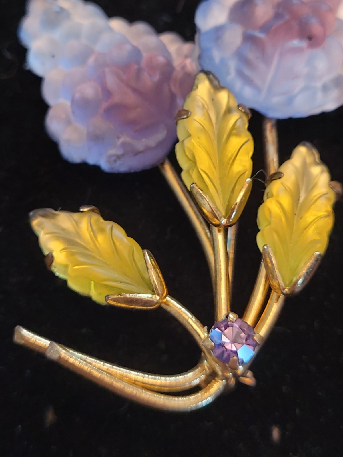 Austria Signed Gold Tone Floral Flower Brooch Blue Purple Glass Vintage 1950s