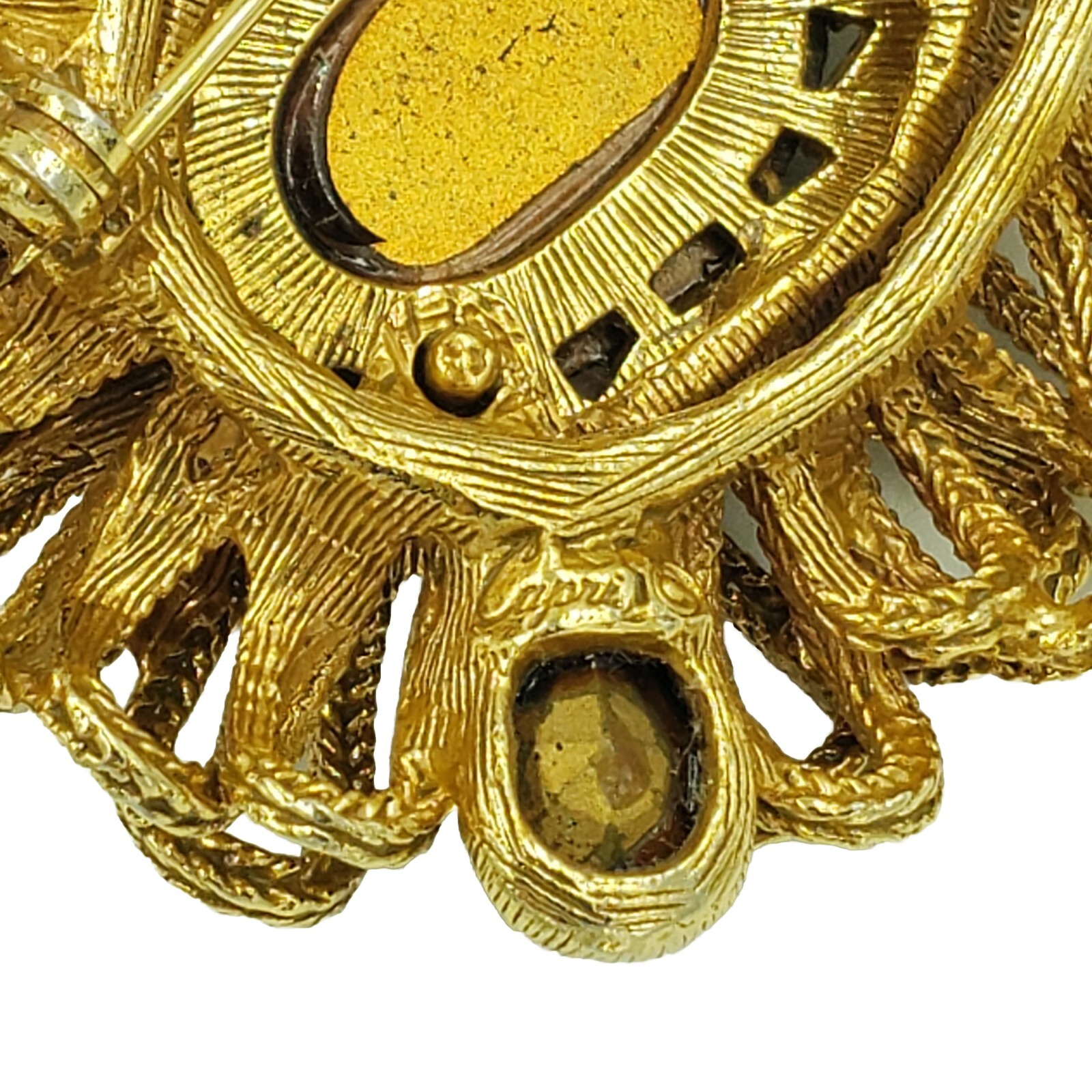 CAPRI Brooch Amber Cabochon Rhinestone Gold Tone Loop Signed Vintage