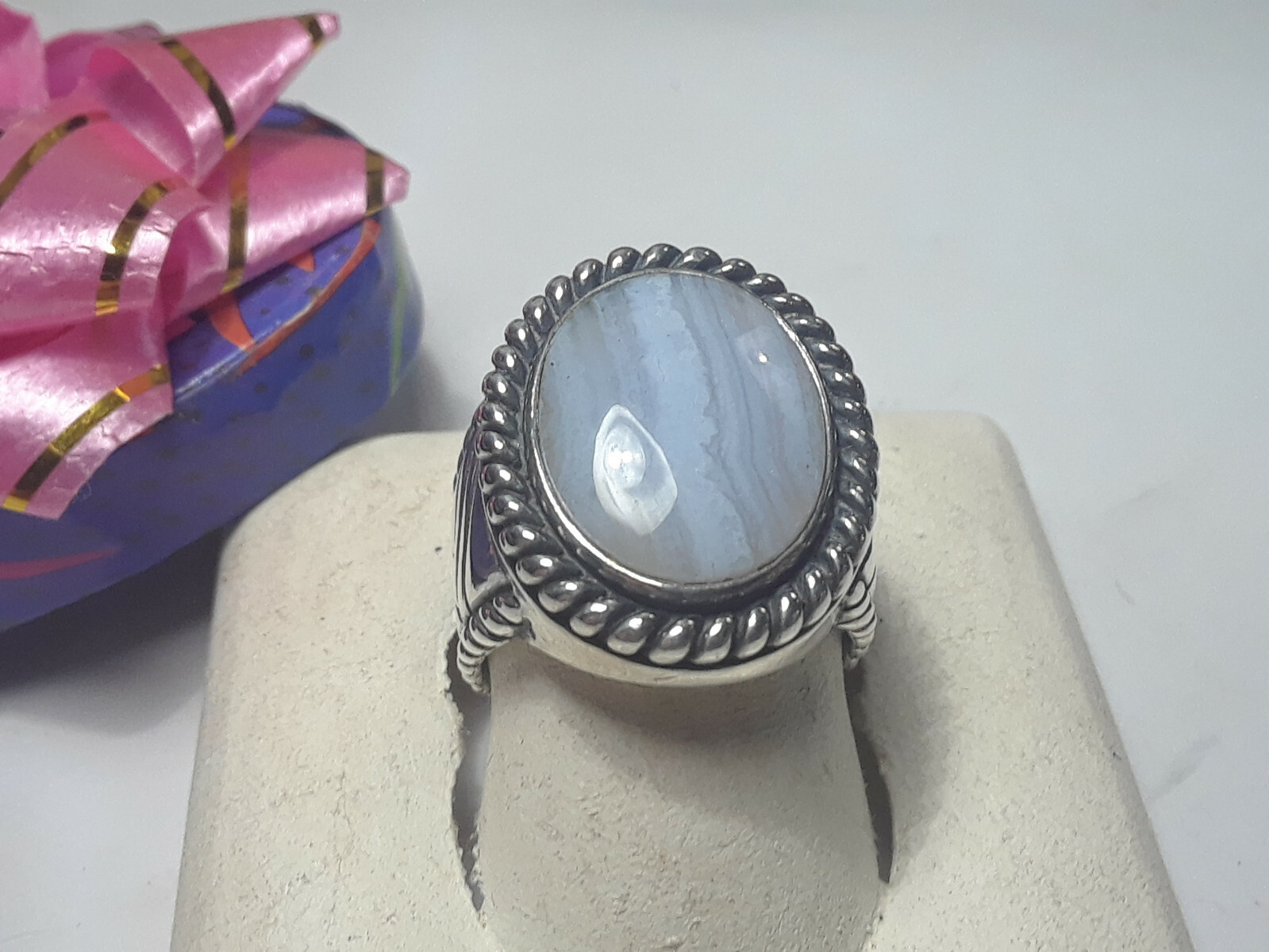 Vintage Natural Lacey Agate Bezel Rope Edge & Sides Sterling Silver Ring #10152