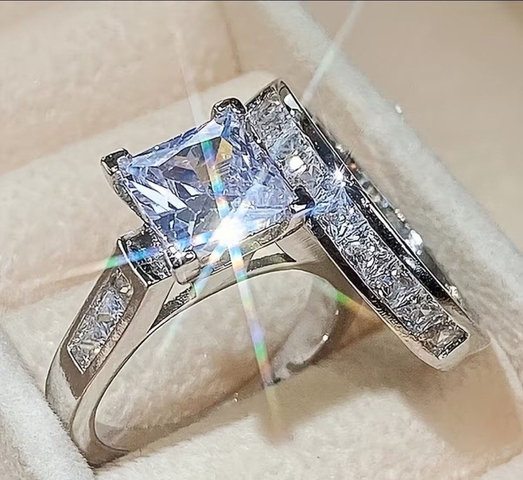 Set of 2 Square Synthetic Cubic Zirconia Engagement Rings, Size 5