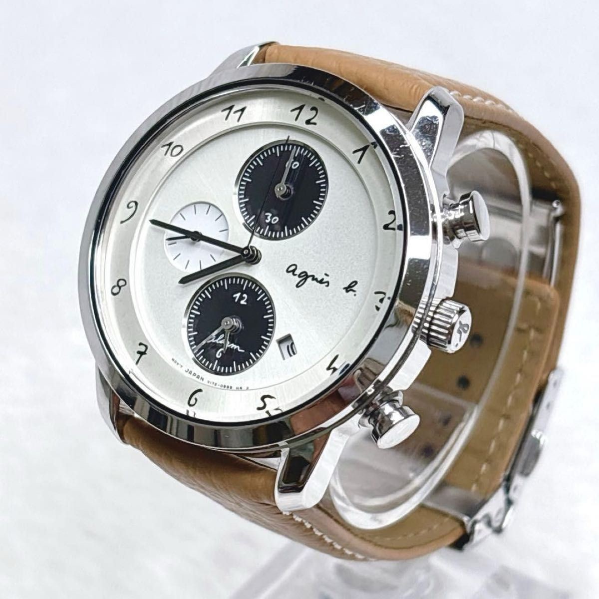 agnes b. SAM Solar Chronograph White Dial Men Leather Watch V172-0AW0