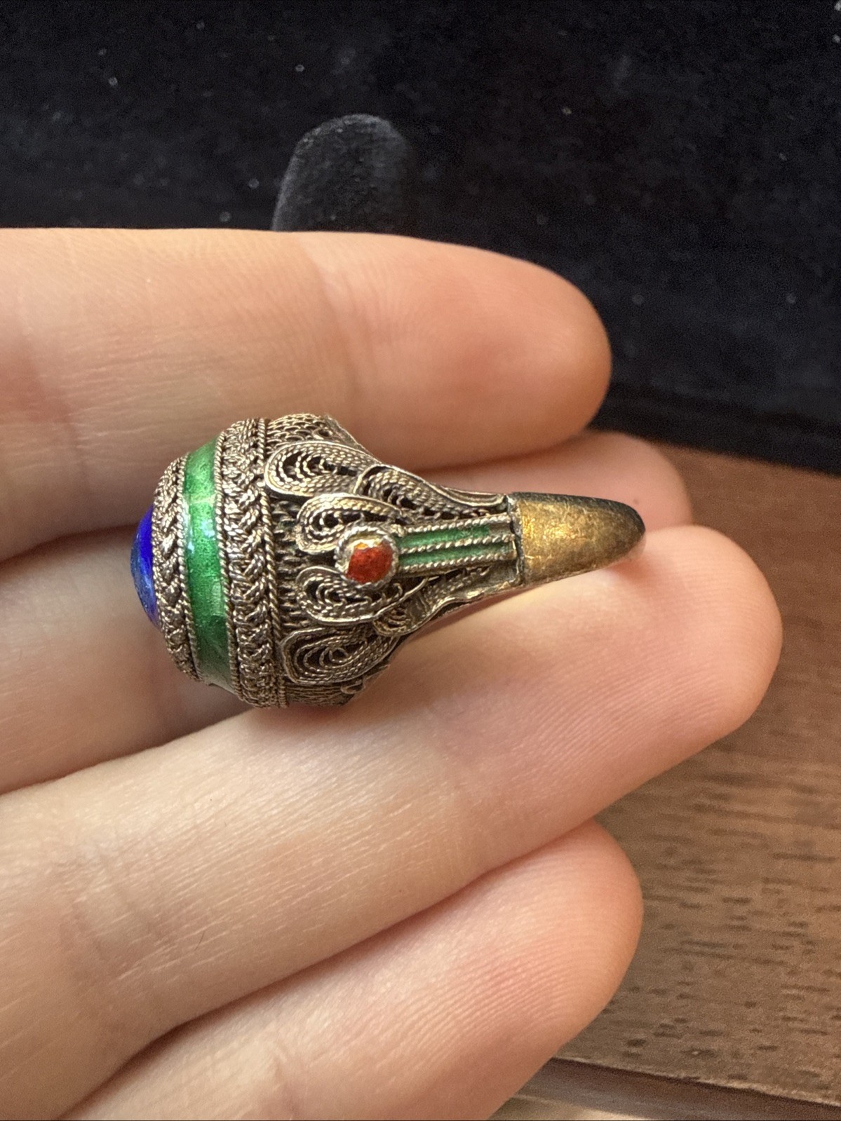 Antique Chinese Export Silver Vermeil Enamel Blue Basketweave Ring Adj Sz 4