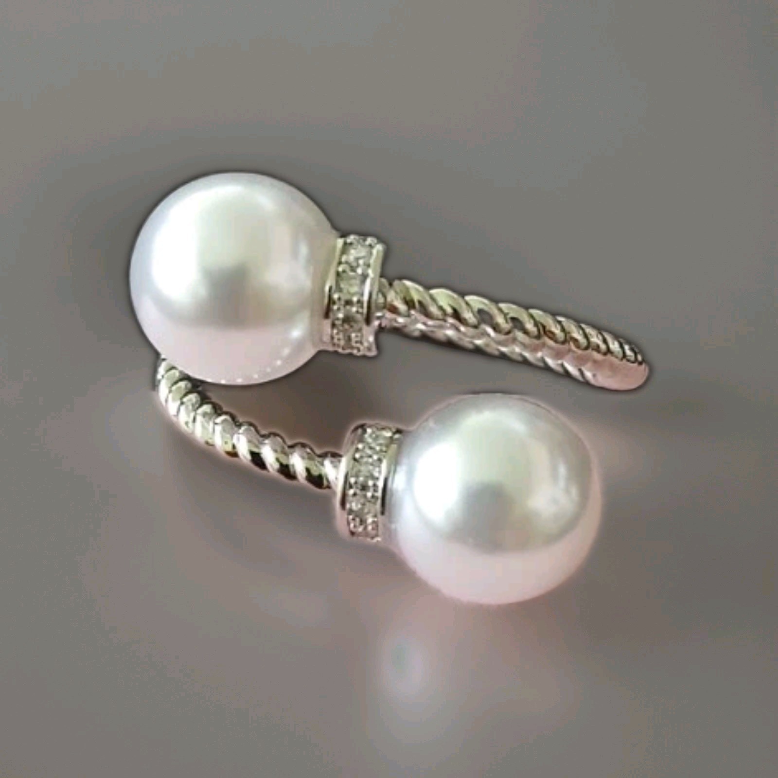 Silver Tone Adjustable Wrap Open Bypass Ring w/ 2 White Round Faux Pearls