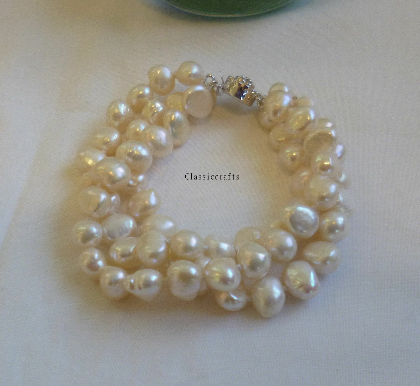 Silver Genuine 7-8mm Baroque freshwater pearls 2 rows bracelet L16, 18, 20,22cm