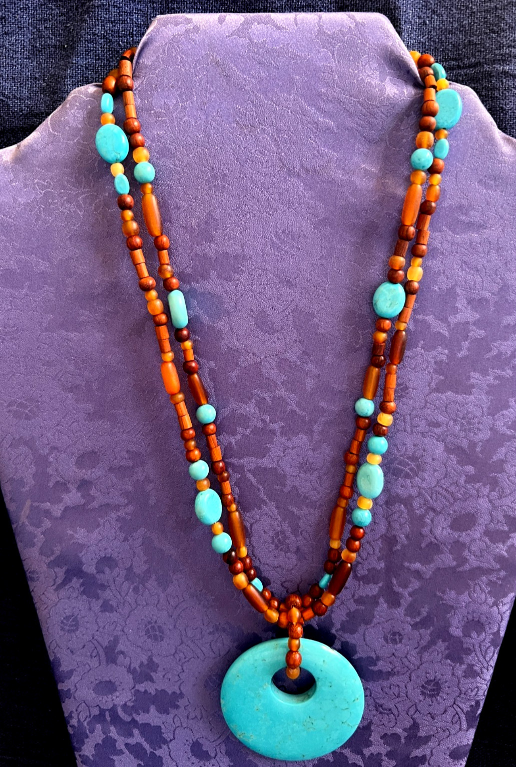 Beaded Necklace 17.5 To 19.5 Inches Long Lobster Clasp Turquoise Blue Brown