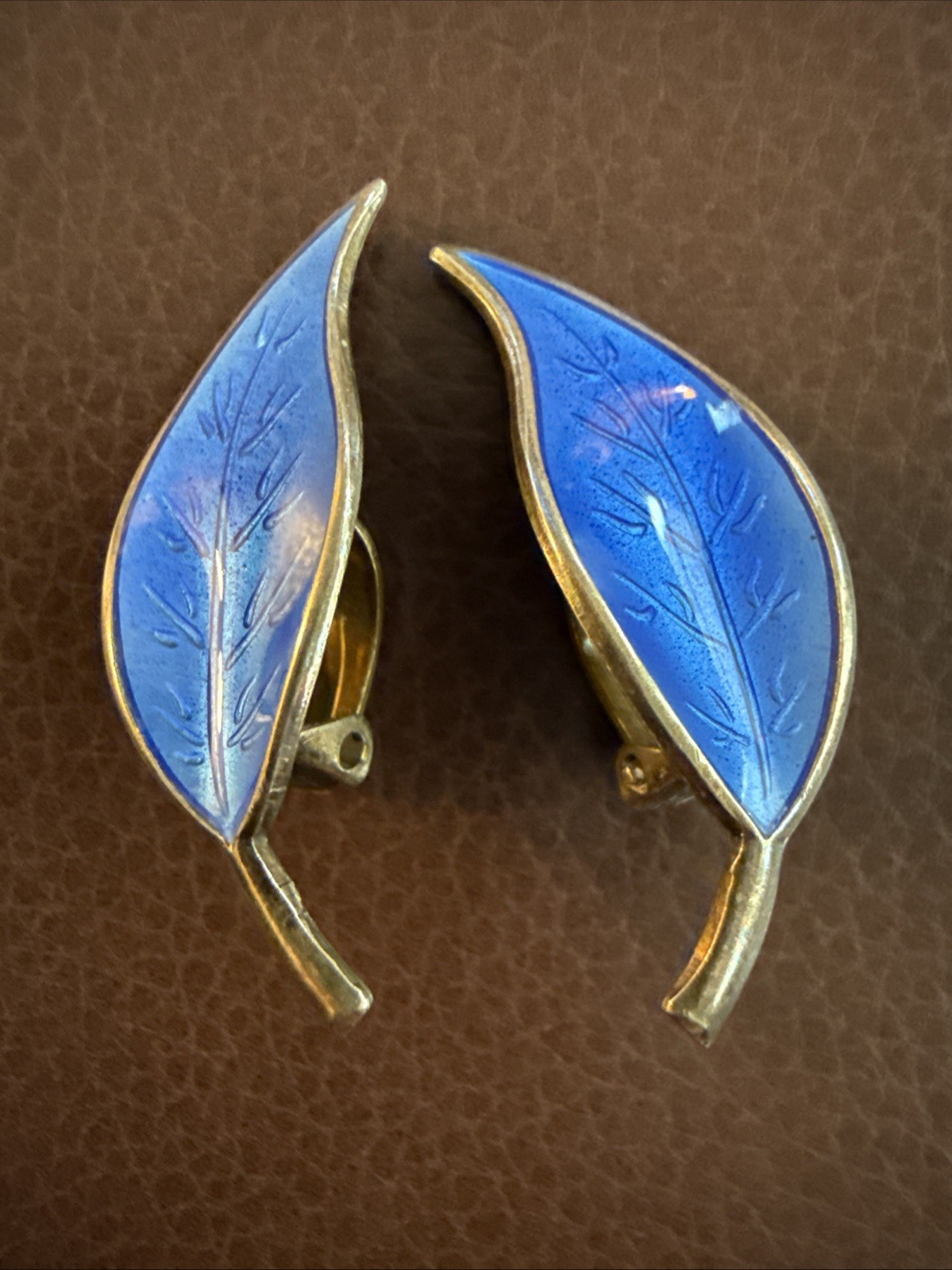 David Andersen Leaf Earrings Guilloche Blue Enamel Sterling Silver Norway 925S