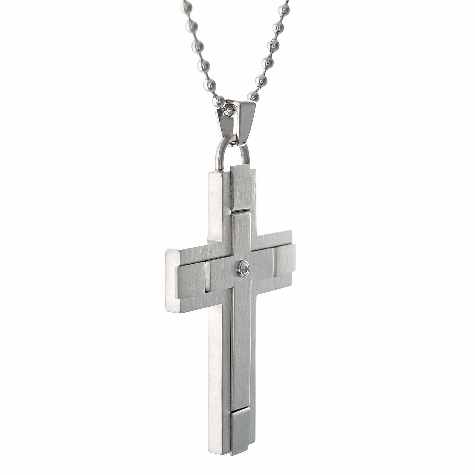 Stainless Steel Cross Pendant with 0.02 Carat Diamond Satin Accent – 24″ Chain