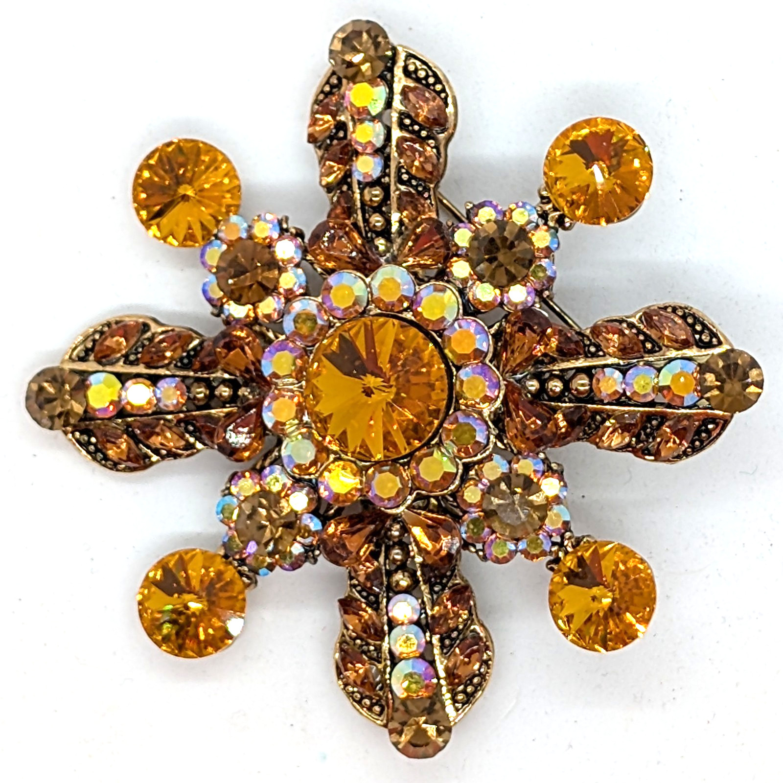 Vintage Floral Flower Rhinestone Brooch Pin Orange Brown Iridescent 2.75″ Autumn