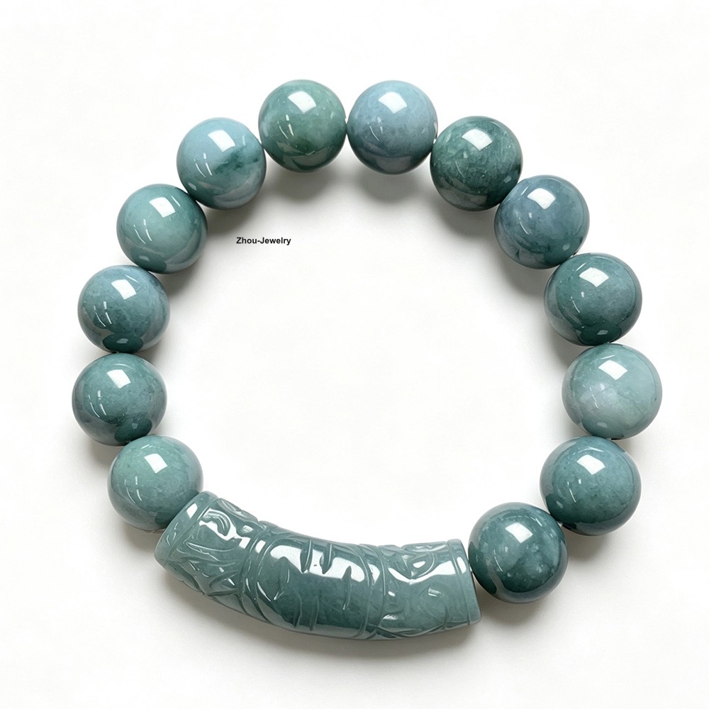 Natural Grade A Blue Jade Carved Curved Tube 13mm Bead Jadeite Stretch Bracelet