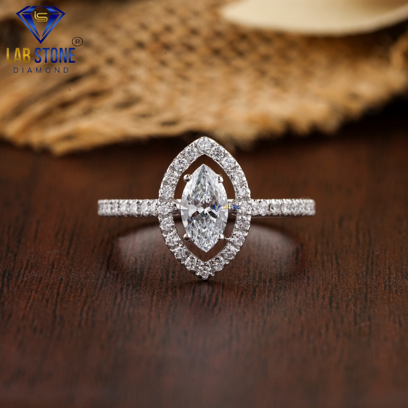 0.83 TDW Marquise & Round Lab Grown Diamond Halo Ring 18k White Gold