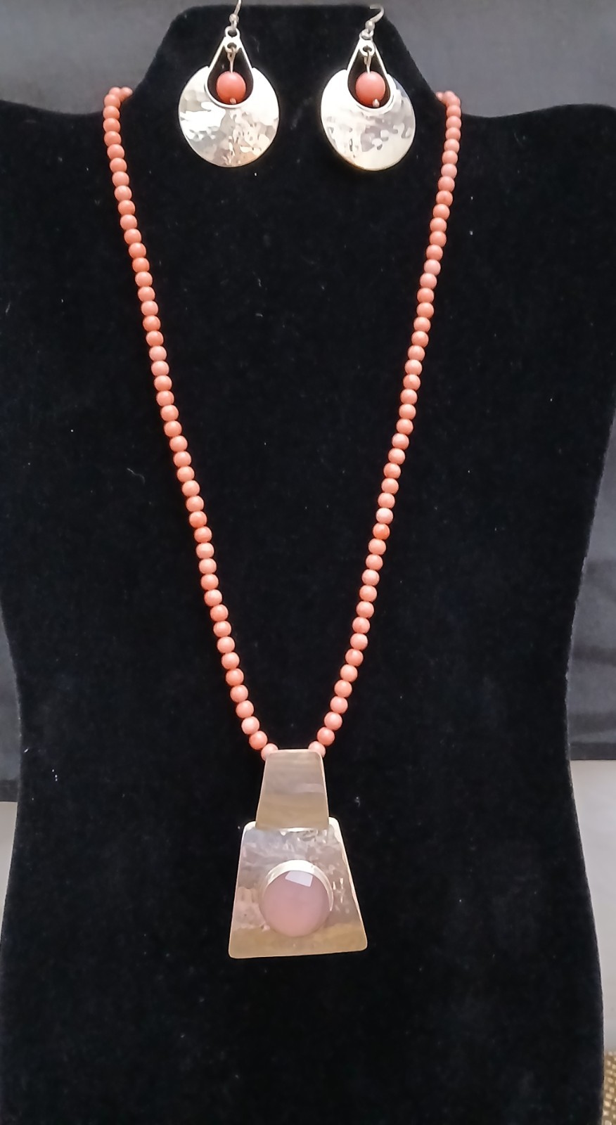 HSN DDD Geometric Pendant & Earrings- Coral Beaded Necklace Set 925