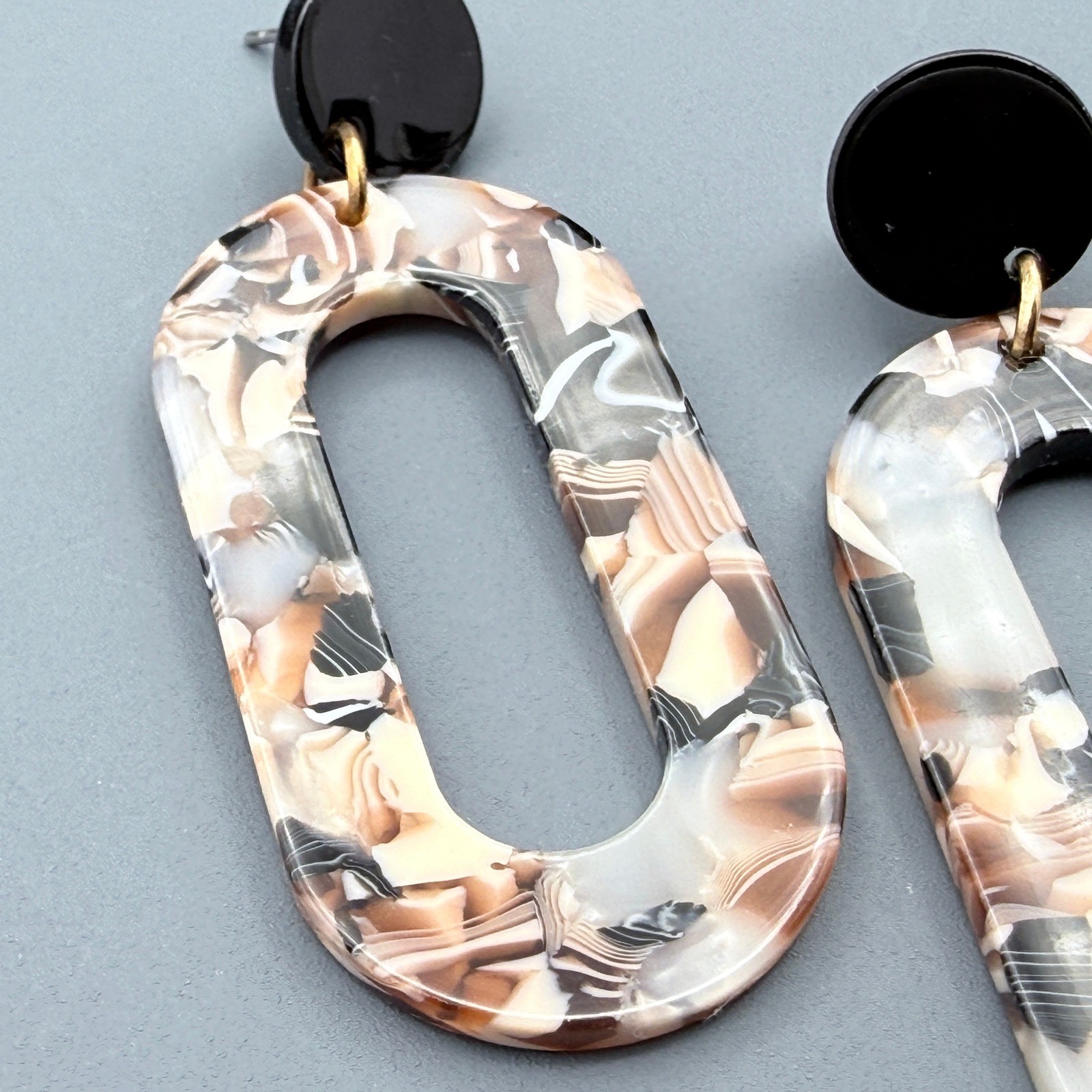 Acrylic Marble Earrings Lightweight Neutral Brown Black White Acetate Oval Drops