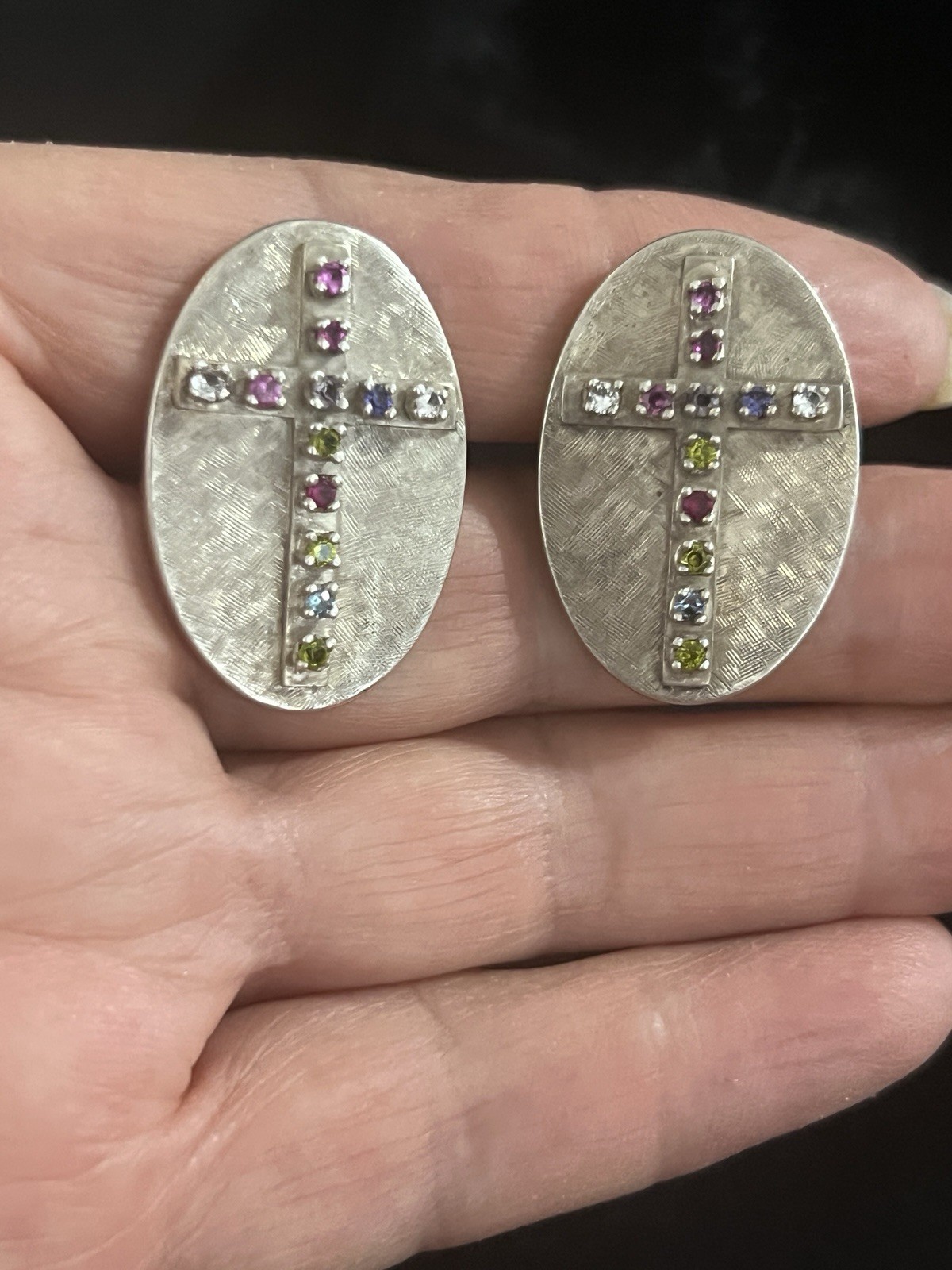 VINTAGE STERLING SILVER LARGE CUFFLINKS MULTI-STONE CROSSES DECORATION 36.3G