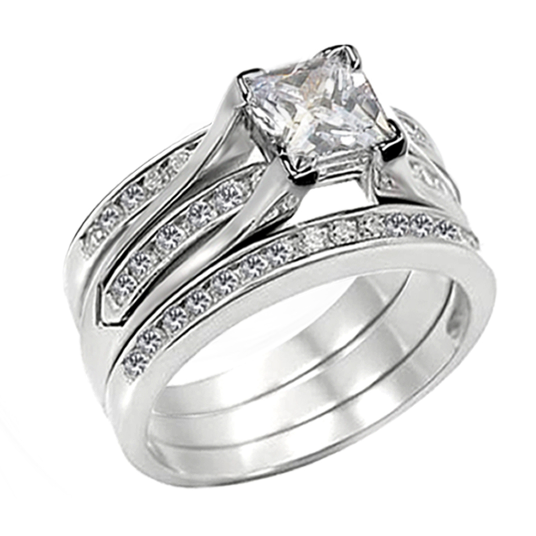 Solid Sterling Silver CZ Princess Cut Women’s Wedding Engagement Bridal Ring Set